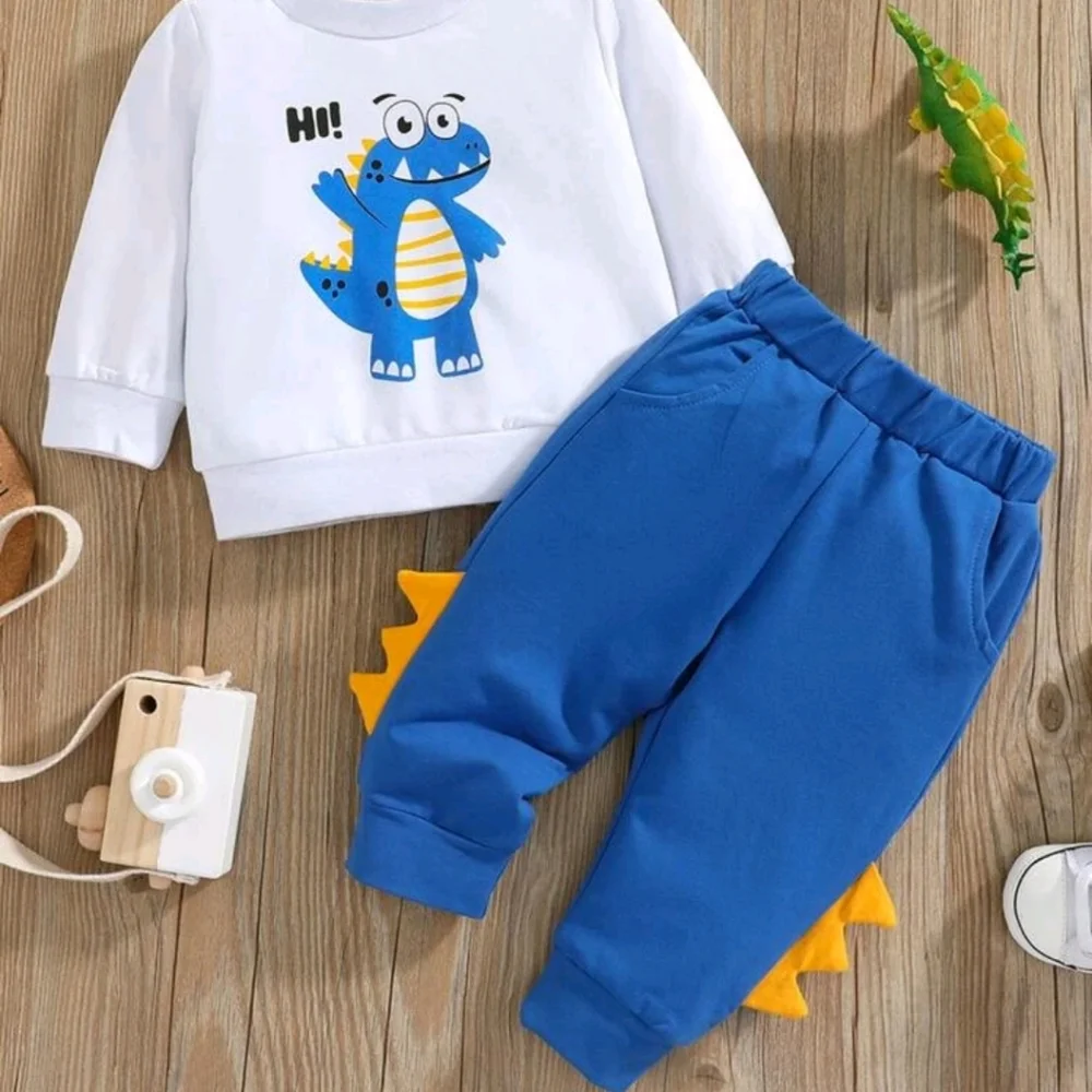 Baby Cartoon Dinosaur & Letter Graphic Pullover & 3D Patched Sweatpants - Picture 1 of 7